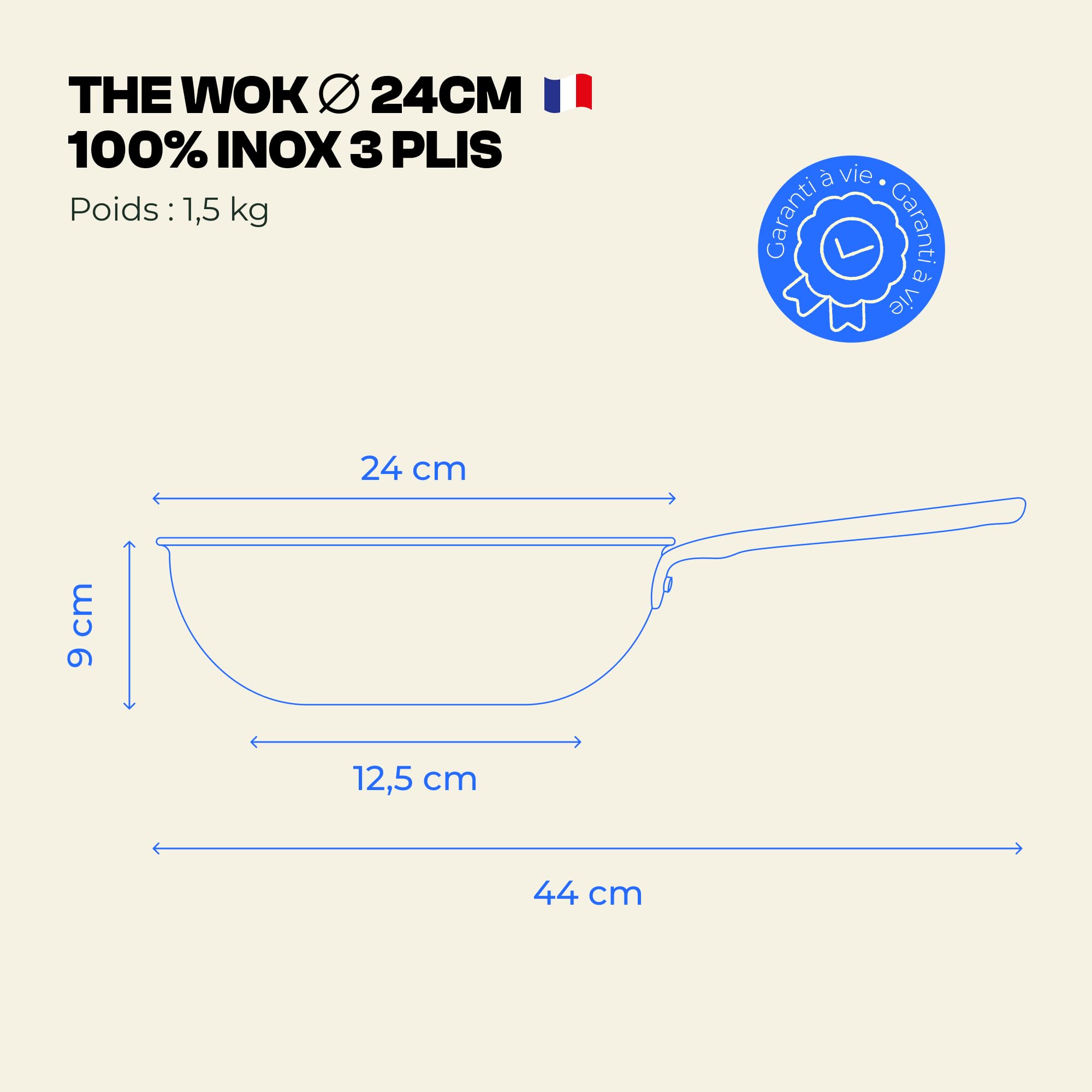 Atma - Wok en Inox 3 Plis – Ø24 cm – Compatible Tous Feux, Cuissons Express et Polyvalentes – Sans PFAS, Ni Revêtement Chimique – Grande Contenance, Manche Riveté – Fabriqué en France