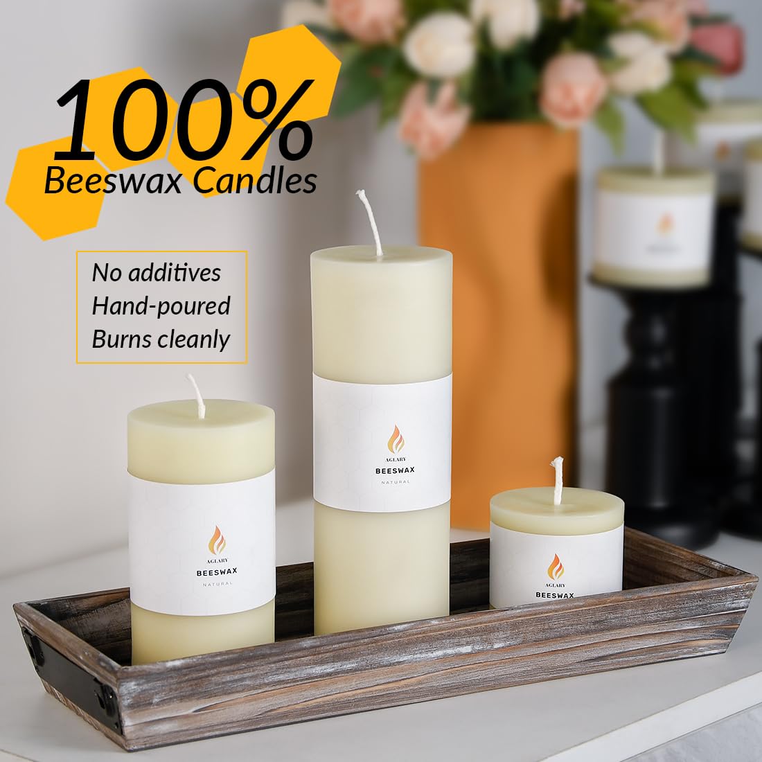 Candele a colonna in cera d'api bianca, 100% pura cera d'api, 100 ore di combustione, inodore, antigoccia e senza fumo, stoppino in cotone biologico, 7,6 x 22,9 cm (confezione da 2)