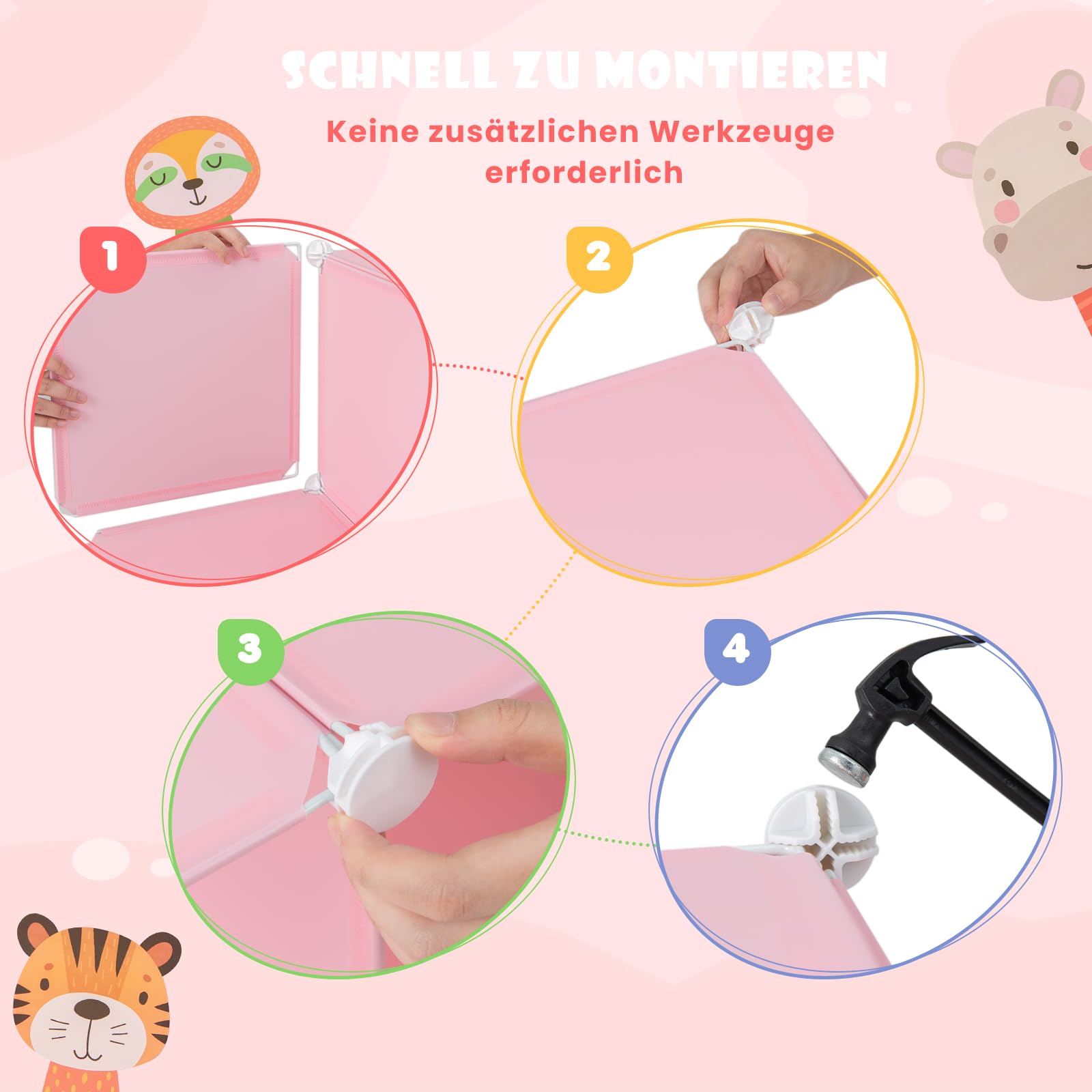 DREAMADE Kinderkleiderschrank mit 8/12 Würfeln, Kinder Kleiderschrank Regalsystem aus Kunststoff, Kinderschrank mit Türen & Kleiderstange für Kinderzimmer, 110x37x145cm (12 Würfeln-Tier-Rosa)