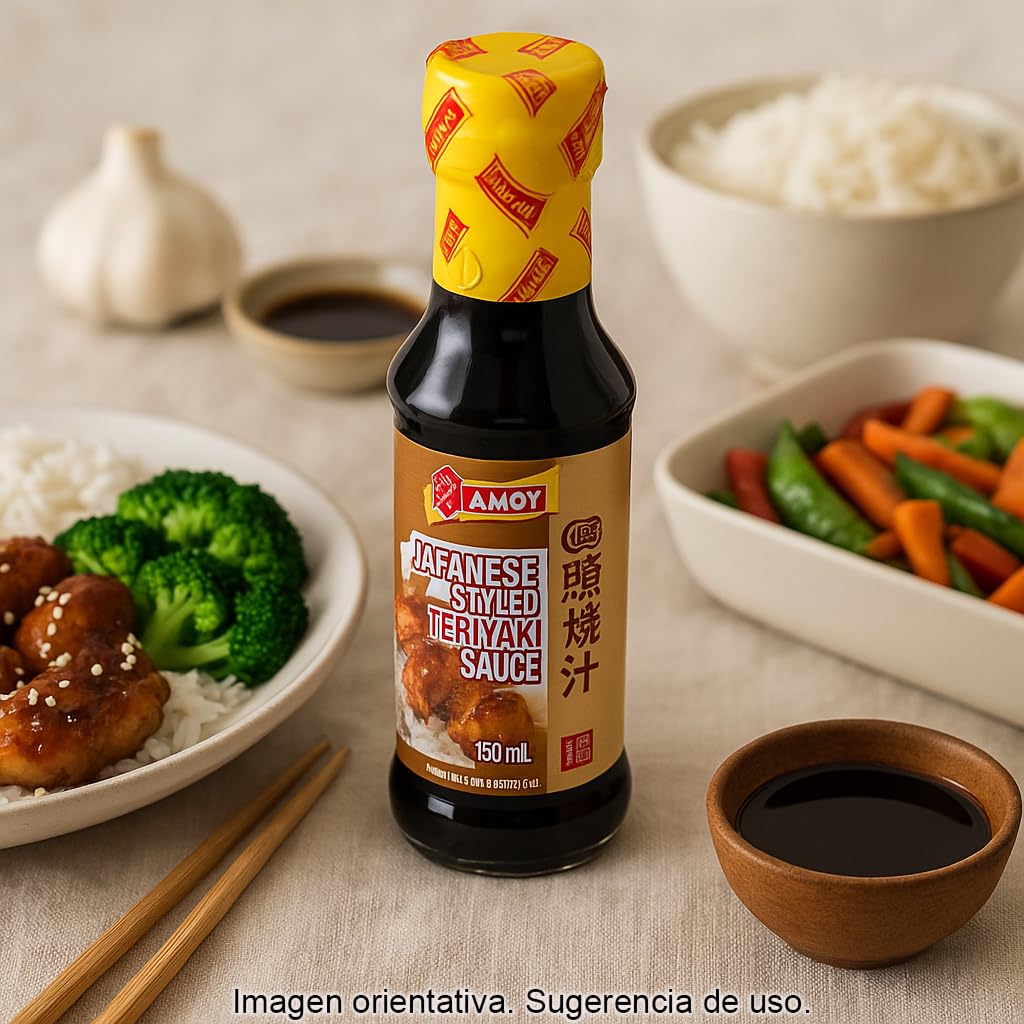 Salsa Teriyaki Japonesa 150 ml en botella de vidrio, soja de primera extracción para marinar y glasear pollo, salmón, tofu, wok y noodles