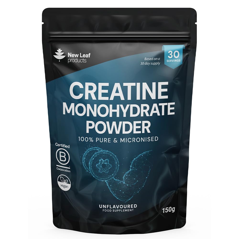 Creatine Monohydrate Powder 100% Pure Micronized Creatine - 150g Increased Absorption & Mixing, Creatine Powder for Physical Performance + Scoop Pre Post Workout Gym Supplements UK Made by New Leaf