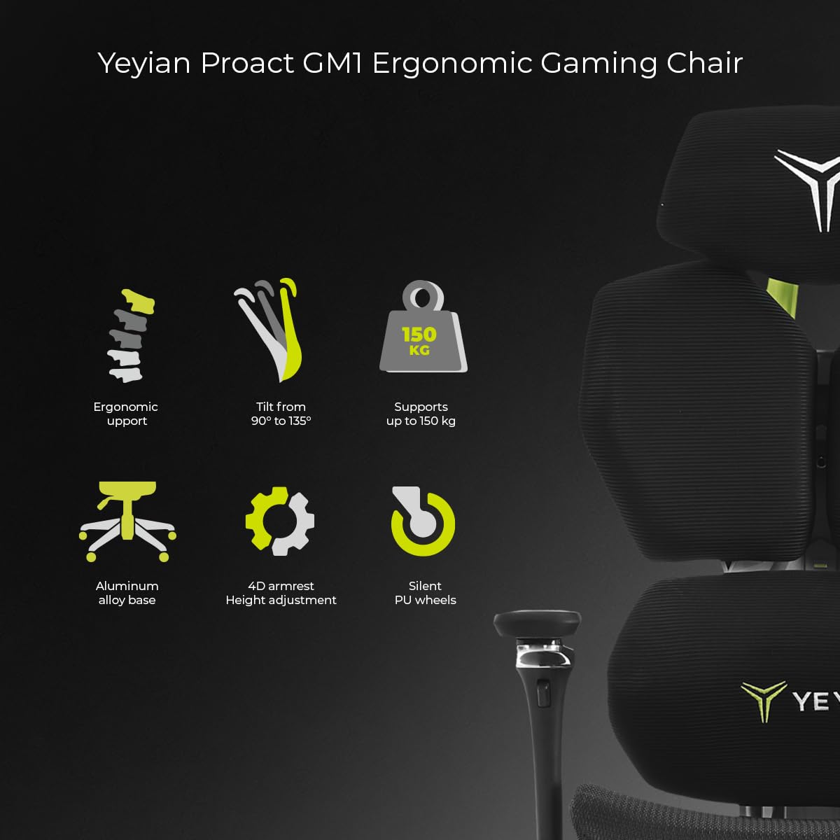 Silla Gaming Ergonómica Proact GM1 Reclinable 90°-135°| Respaldo, Reposabrazos y Altura Ajustables | Ruedas Silenciosas PU 360° | Material Aluminio 370mm | Soporta 150kg | Ideal Trabajo y Videojuegos