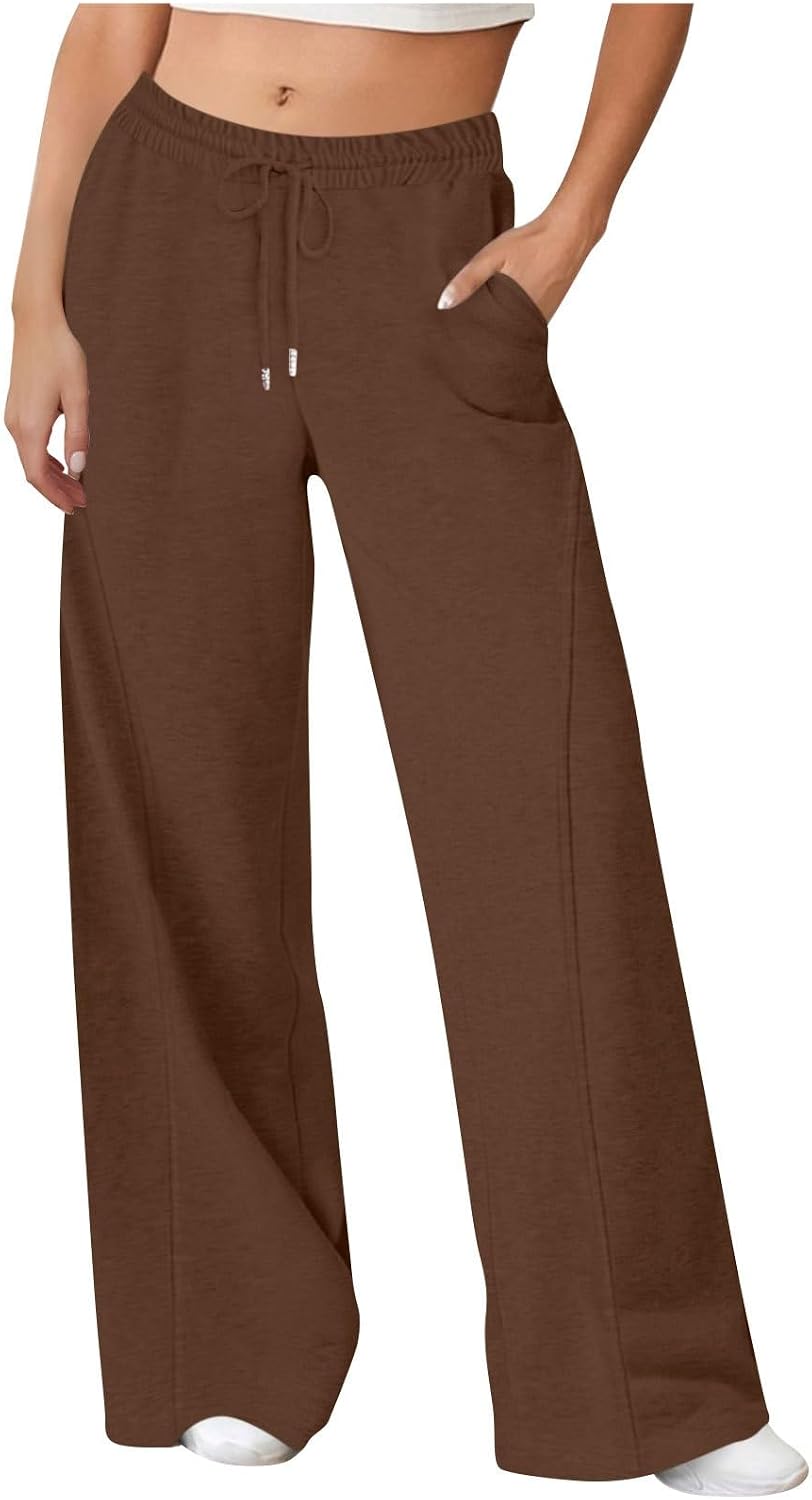 Leg Sweatpants with High Waist for Home Wear, Dark Brown L | Women ' s Casual High Waist Drawstring for Comfort in Cool Weather, Home Wear and Relaxing Daily Activities
