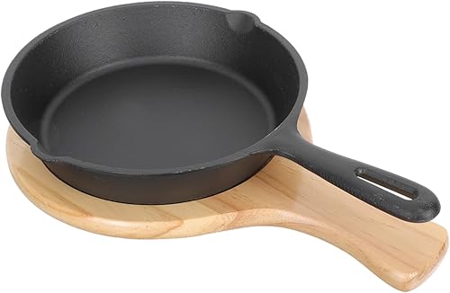 Miniatura 1 de Sartén antiadherente de hierro fundido grueso con mango y tabla de madera, calentamiento rápido para tortilla y carne para cocina y uso doméstico