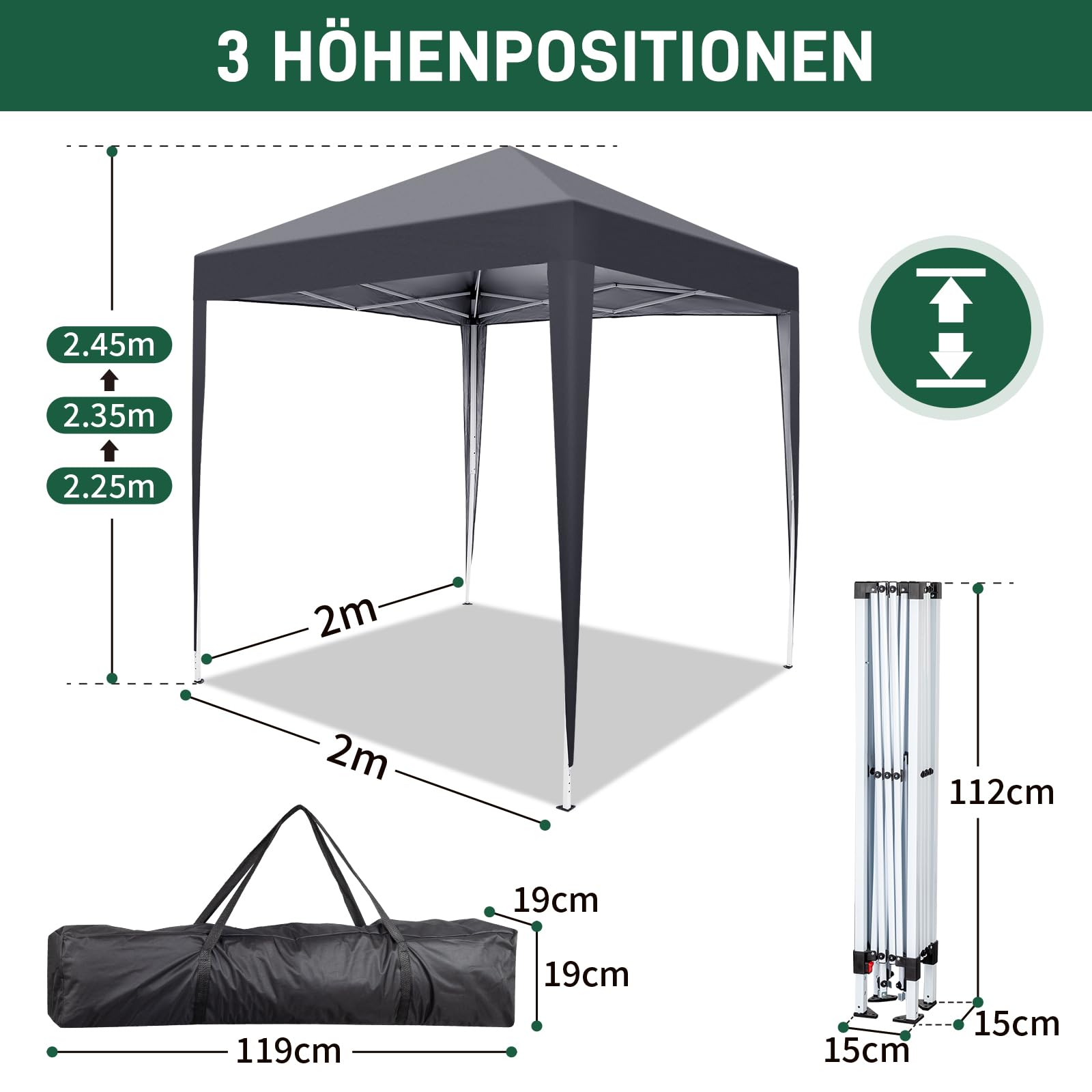 Pavillon 2x2 m,Faltpavillon,Wasserdicht Stabil Winterfest UV Schutz 50+,420D Oxford,Faltbar Höhenverstellbar,Partyzelt,Gartenzelt,Für Garten Camping,Outdoor,Grau,4 Seitenteilen