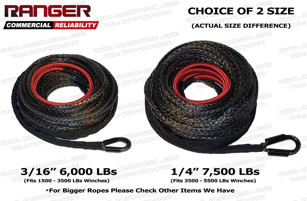 Ranger 6,000 LBs 3/16" x 50' UHMWPE Synthetic Winch Rope 5 MM x 15 M for ATV Winch