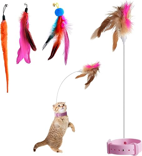 Abnaok Juguetes de collar de plumas para gatos, juguetes interactivos para gatos de interior, collar de varita, divertido juguete para gatos con