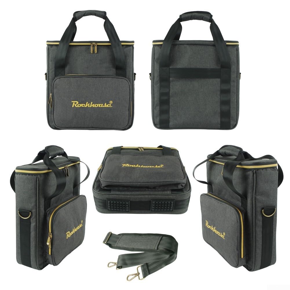 Bolsa de almacenamiento de discos de vinilo, diseño resistente portátil con transporte de mano y correa para el hombro, funda de tela catiónica gris con acolchado de 8 mm, bolsillo externo para