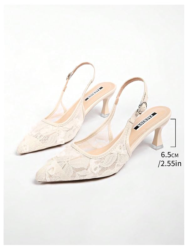GORGLITTER Women's Floral Lace Slingback Kitten Heels Clear Dressy Closed Pointed Toe Wedding Party Block Pumps Shoes Beige 8 by GORGLITTER - Used condition - Image 5