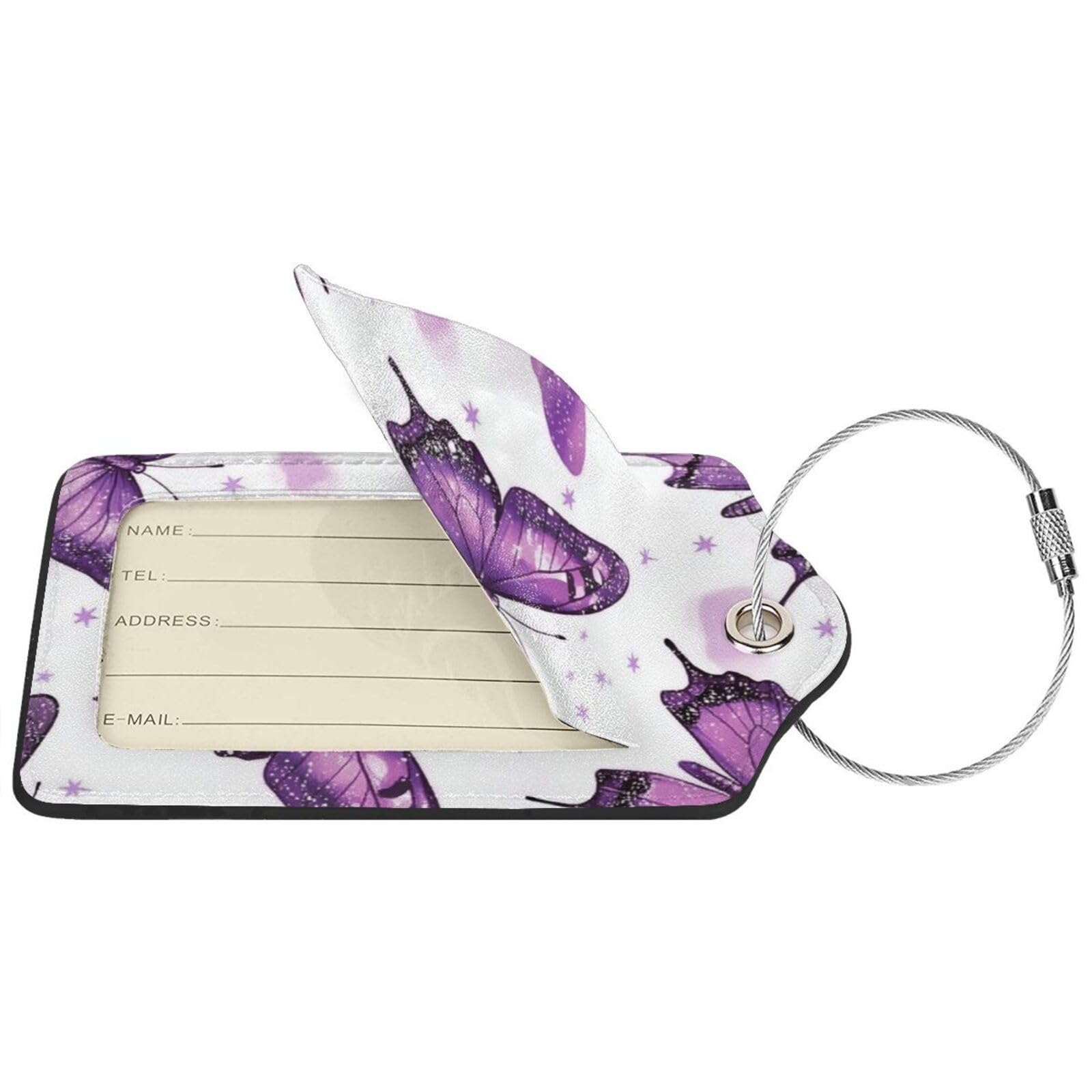 4 etichette per bagagli in pelle PU per valigie, etichette per bagagli con farfalla viola sognante con anello in acciaio inossidabile, etichetta identificativa per la privacy, per donne e uomini