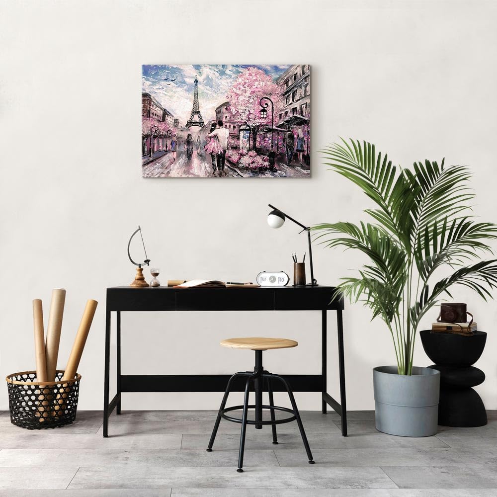Cuadros B&D XXL - Cuadro en Lienzo 120x80 cm - Paris 1 pieza - Impresión en material tejido no tejido cuadros decoracion salon modernos lienzos - Torre Eiffel Paisaje Rosa d-B-0147-b-a