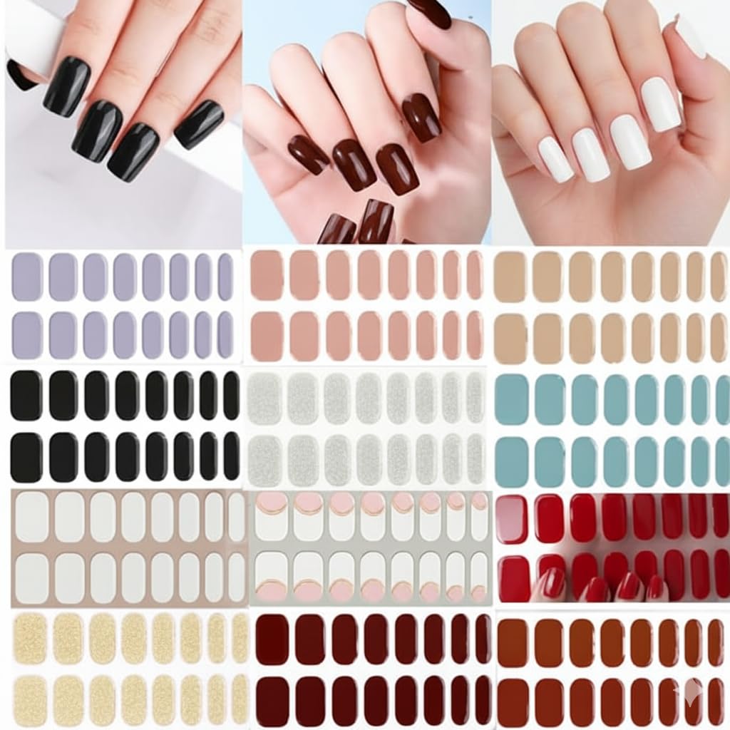 Bolt Bee Semi Cured Gel Nail Strips Stickers | Gel Nail Wraps | UV Light Required, Salon Quality 12 sheets set with UV Lamp (Plain)