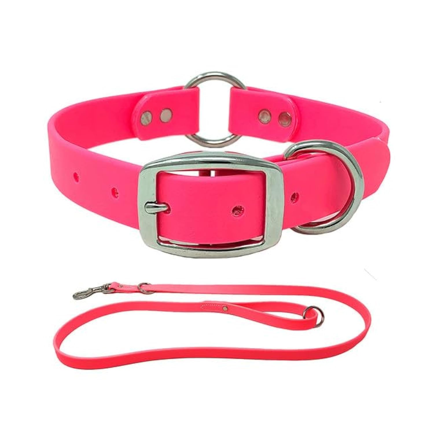 Regal Dog Products Medium Pink Waterproof Dog Collar and Leash Set - Vinyl Coated Biothane Pet Training Collar with Heavy Duty Center Ring & 5'ft