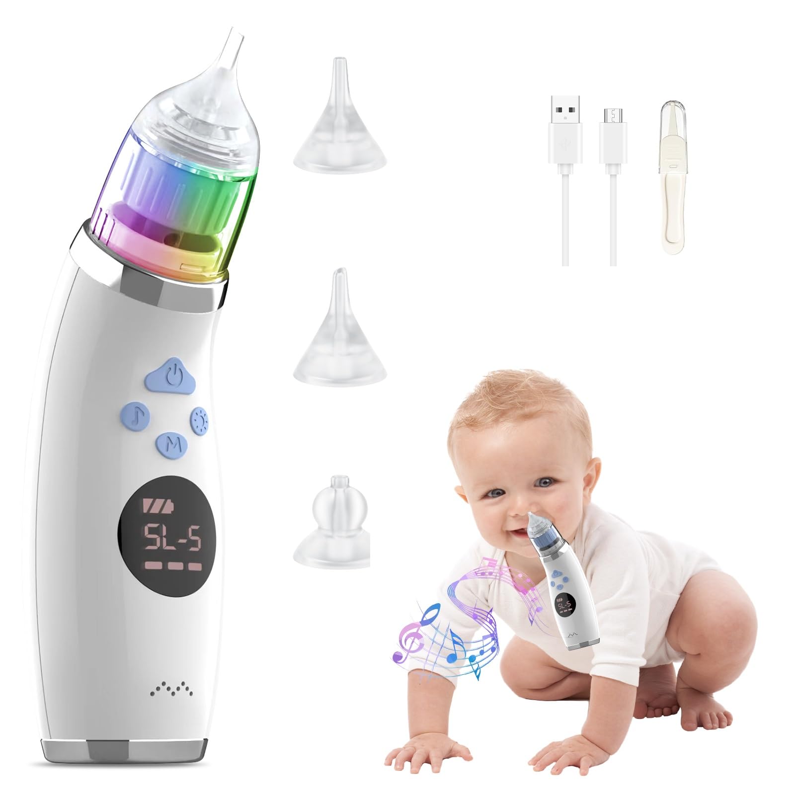 Aspirador Nasal Eléctrico, Limpiador Nasal bebe Electrico, Sacamocos Bebe Electrico, 5 Niveles de Succión & 3 Puntas de Silicona, con Relajante de Música para Niños