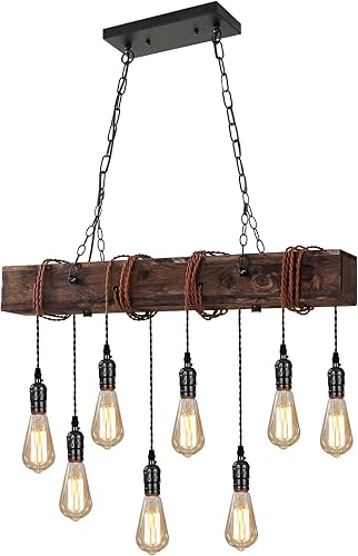 Miniatura 1 de KEESFU Candelabros rústicos de 8 luces para comedor, lámpara colgante de techo de madera de granja, altura ajustable, lámpara rectangular para