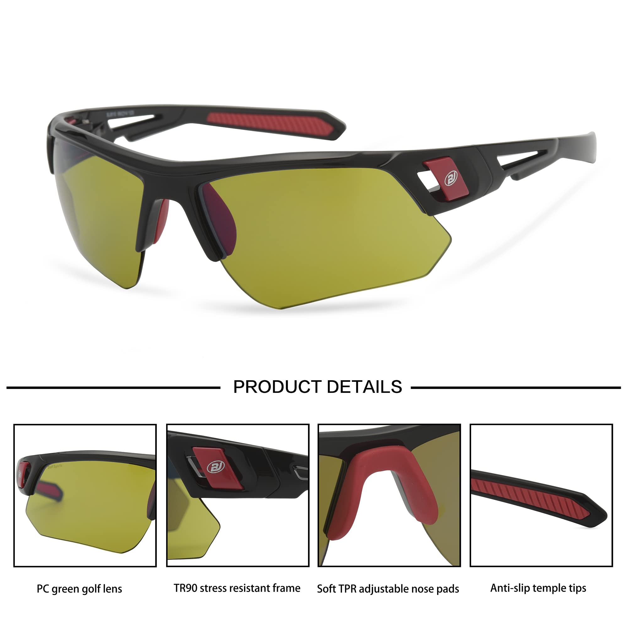 Gafas de sol de golf para hombres y mujeres, gafas de sol deportivas sin montura con protección UV400, Bj810 Marco negro y lente verde, conventional