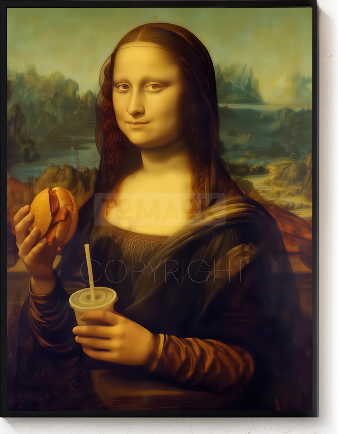 Poster della Gioconda reinterpretato McDonald, Leonardo Da Vinci (cornice non fornita) Parodia Mona Lisa, tema Mac Fast Food, umorismo, decorazione da parete divertente