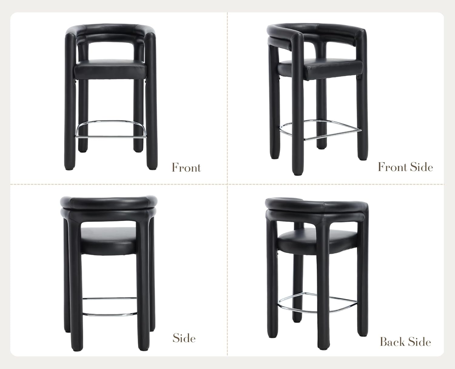 CIMOTA Faux Leather Counter Height Bar Stools Set of 2, Upholstered Bar Stools with Barrel Back & Armrests, Modern Counter Stools for Kitchen Island & Home Bar, 26 Inch/PU Black