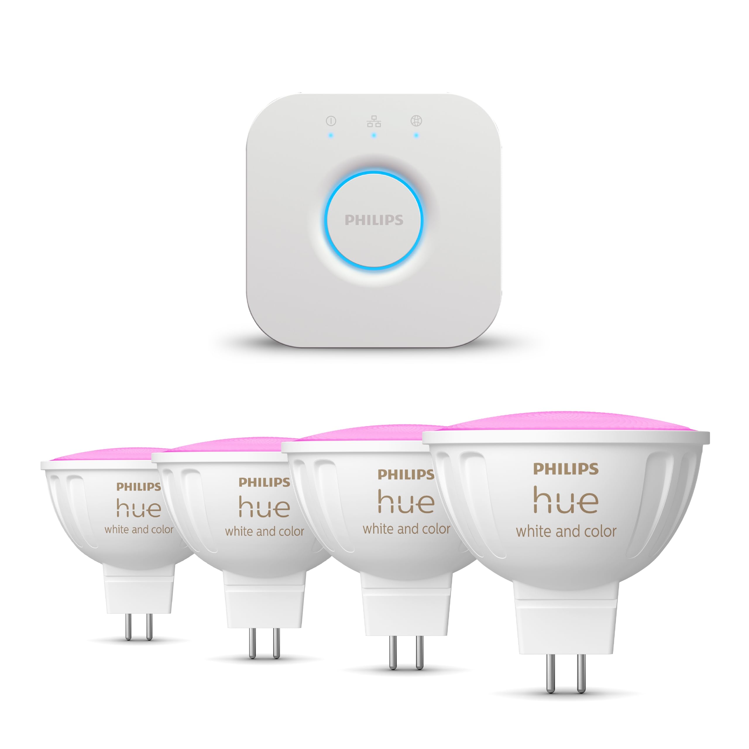 Philips Hue Starter Pack - GU5.3-4 Bombillas LED para focos (MR16) - 12V - Luz blanca y de color - incl. Hue Bridge - Hue White and Color Ambiance