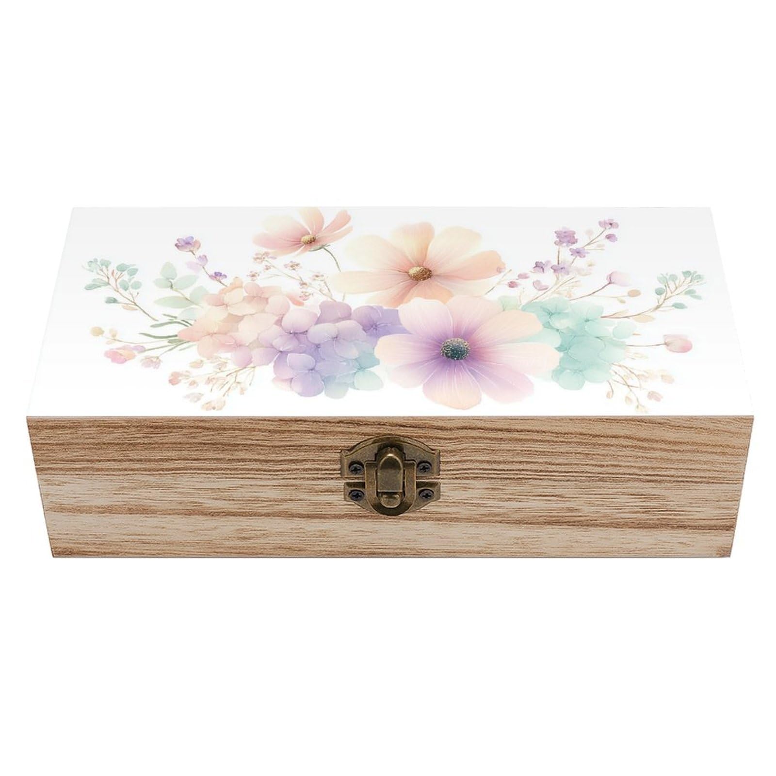 Jubonexis Minimal Watercolor Floral Bouquet Hydrangea Wooden Storage Box with Hinged Lid And Front Clasp Large Keepsake Box