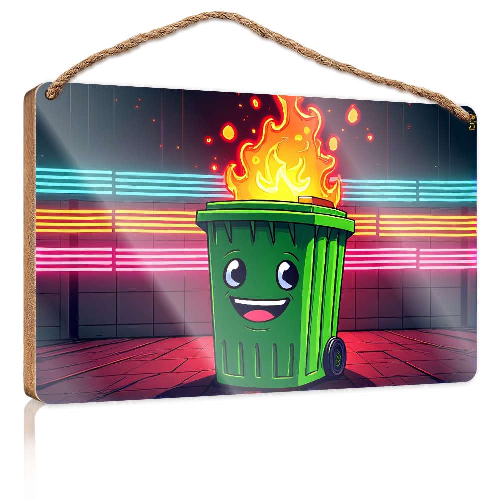 Wooden Decorative Plaque A Smiling Green Trash Can With Flames On Top. Office Decor For Wall Funny Porch Decorations(15X28CM)