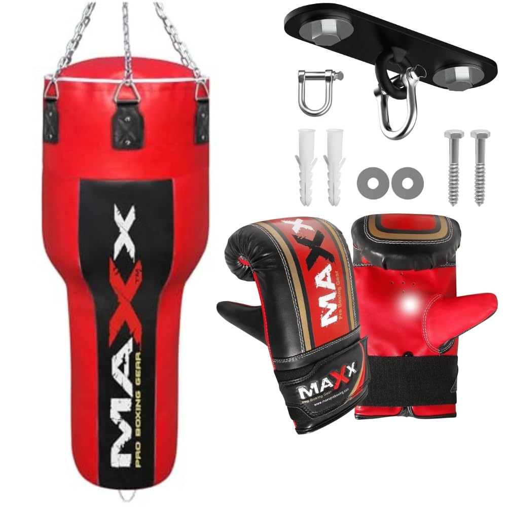 Maxx Black/Red Heavy Duty Punch Bags - Uppercut, Triple, Angle, Wrecking & More (Uppercut Bag, BAG WITH HOOK+MITTS)