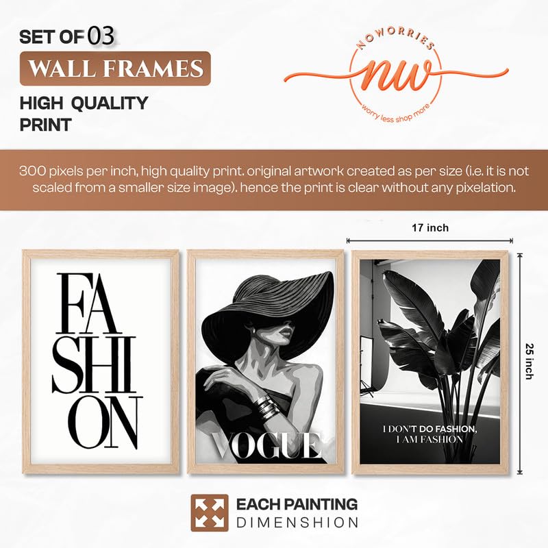 Image of NoWorries Modern Fashion Wall Art Frame Paintings 300 GSM Premium Prints | Vogue Lady Art, Botanical Print & Typography Frames | Stylish Home Decor for Living Room, Office & Bedroom | Synthetic Wooden Finish Wall Art Frames (Set of-3) (NATURAL, ART-6, 17X25INCHES)