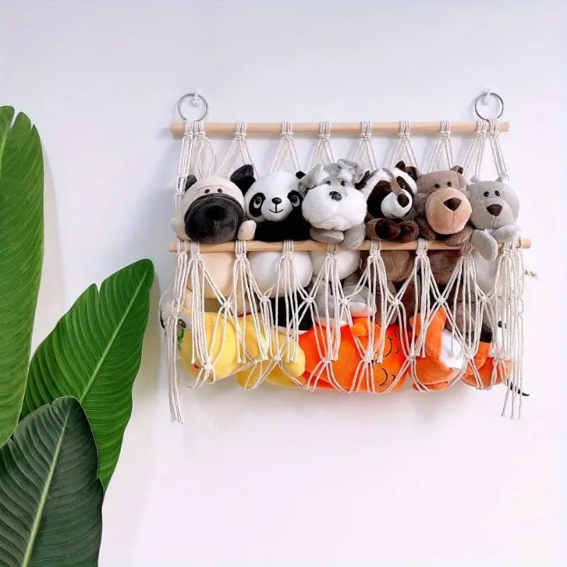 Image of Waterlily House - Organizer Mesh, Bohemian Net Organizer, Stuffed, Toy Storage Hammock, Rainbow Stuffed Animal Hammock Macrame for Toy Storage. (Offwhite - One Layer)