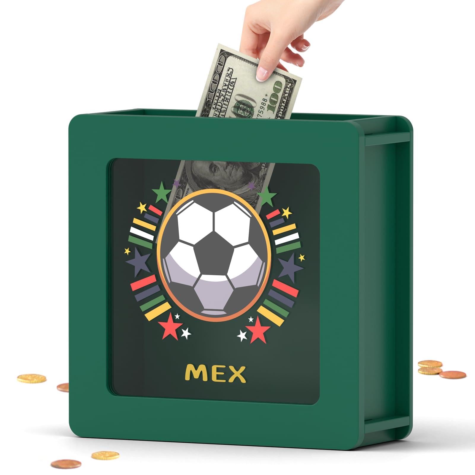 summidate Wooden Money Box, Soccer Piggy Bank with DIY Letter Stickers