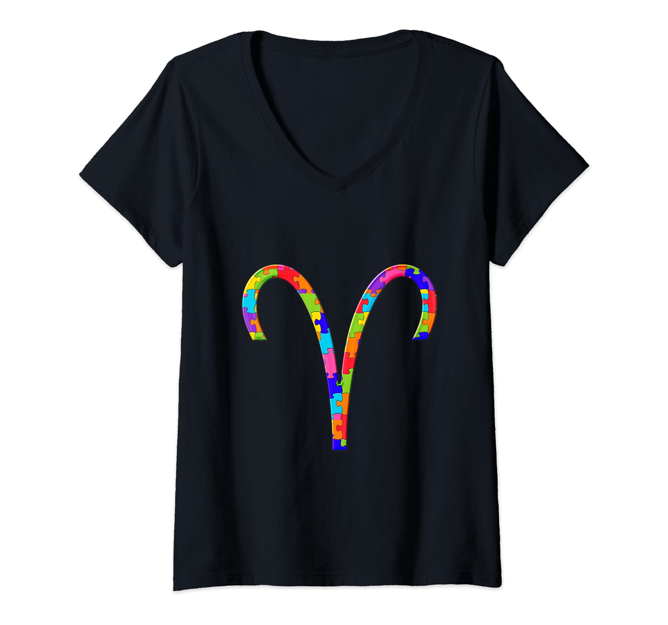 Womens Aries Zodiac Astrology Jigsaw Autism Puzzle V-Neck T-Shirt