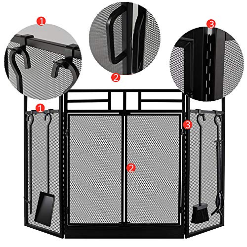 Amagabeli Fireplace Screen with Doors Large Flat Guard Fire Screens with Tools Outdoor Metal Decorative Mesh Solid Wrought Iron Fire Place Panels Wood Burning Stove Accessories Black