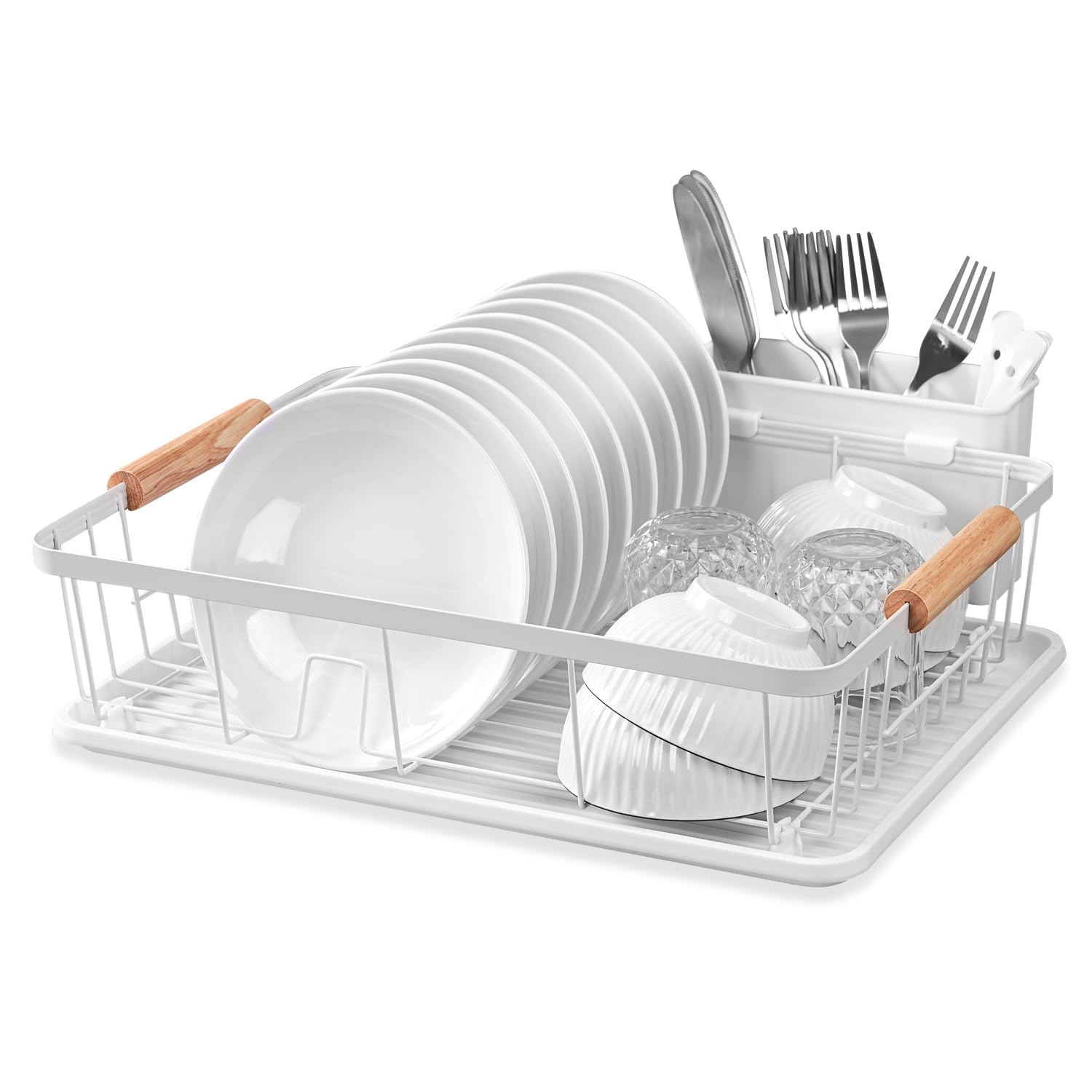 DPWEION Dish Drainer Rack for Kitchen-Metal Dishes Drying Rack with Drip Tray/Cutlery Holder/Wooden Handles-Draining Board Racks(43x31x12cm,White)