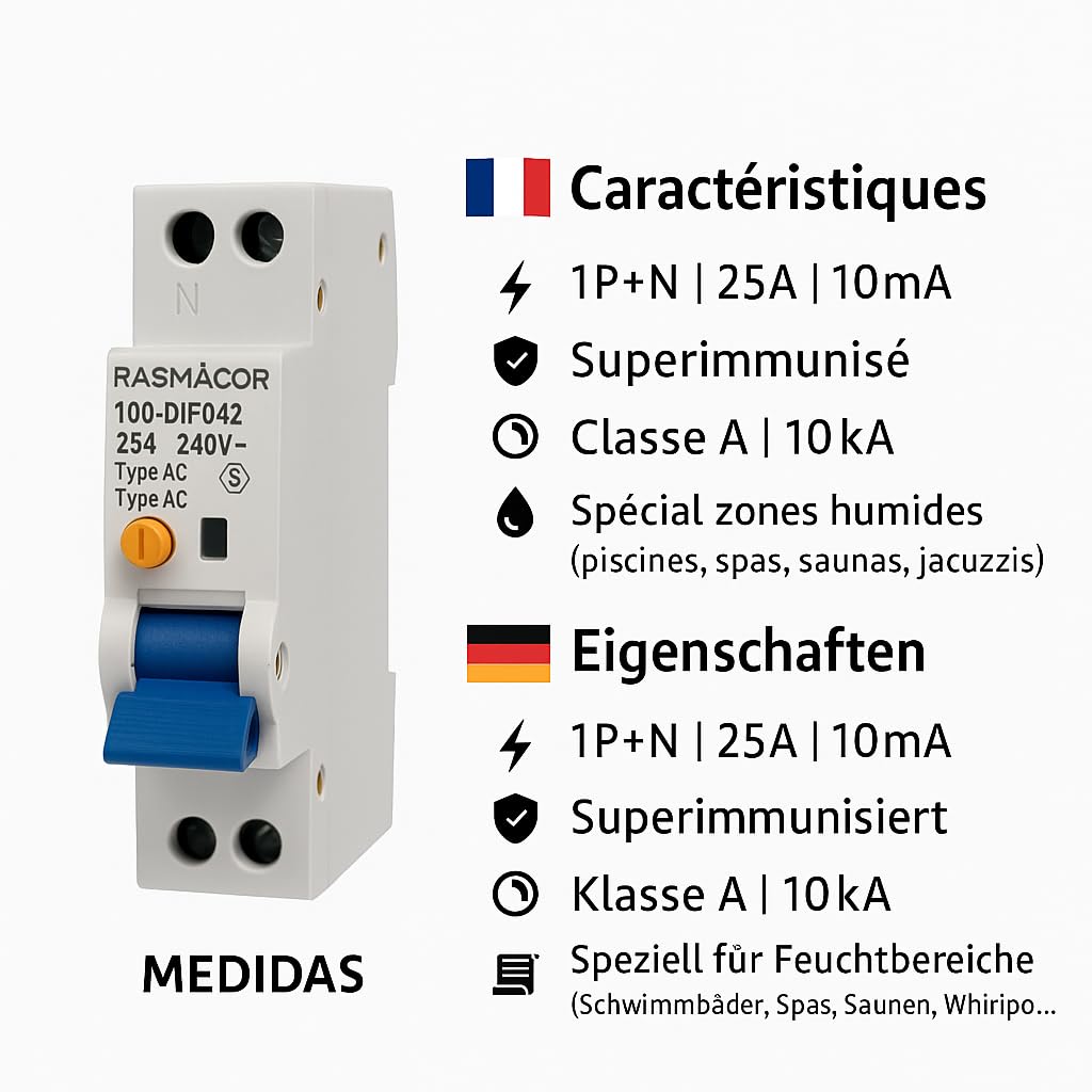 RASMACOR | Interruttore Differenziale 1P+N 25A 10mA | Classe A 10kA | Superimmune Alta Sensibilità 10mA | Speciale Zone Umide | Novità 1 Modulo