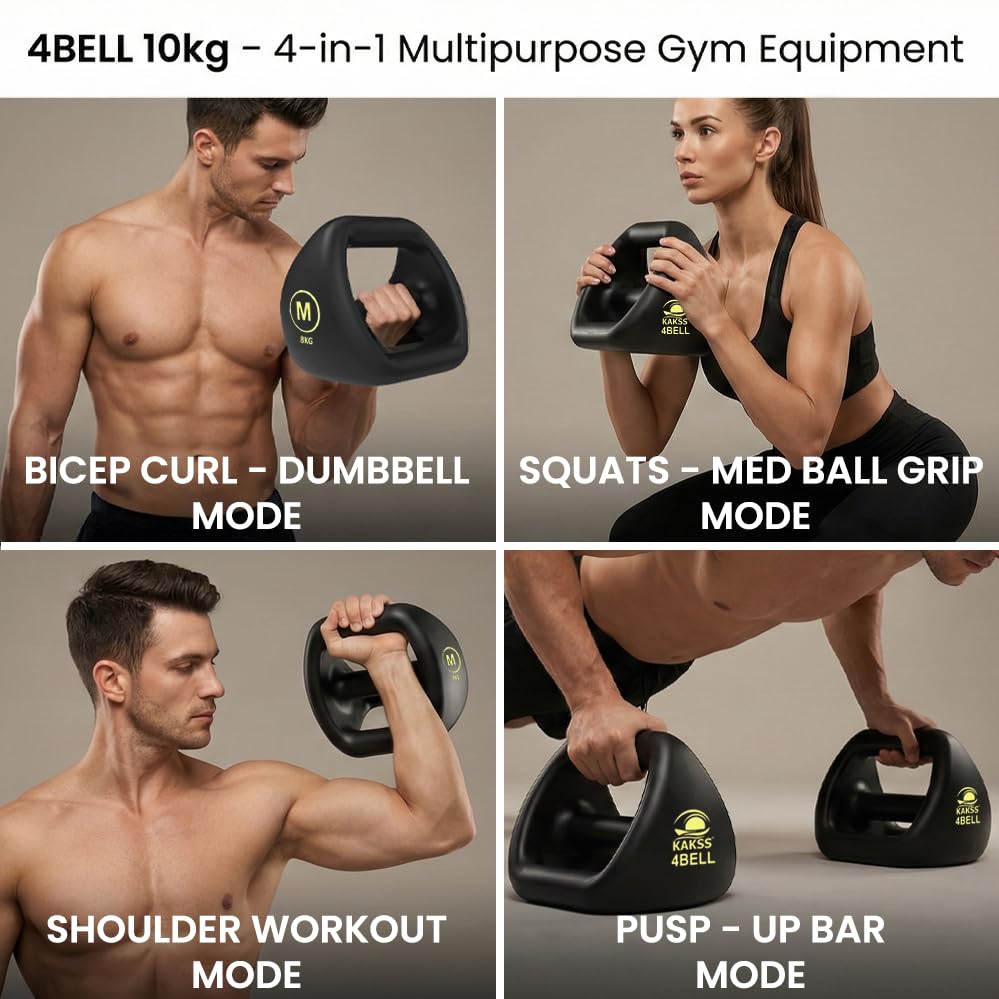 Image of Kakss 4BELL Multipurpose Gym Equipment 4-in-1 Dumbbell, Kettlebell, Push-Up Bar & Med Ball, Compact Home Workout Tool for Men & Women,(ONE PIECE) (8kg - 4Bell)