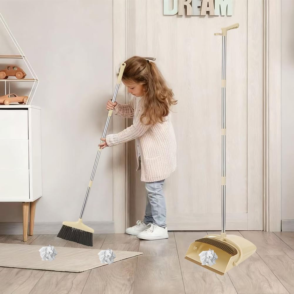 Yuragim Set di scopa e paletta, con manico e paletta con manico lungo, 137 cm, paletta verticale e scopa, per la pulizia della casa, ufficio (beige)