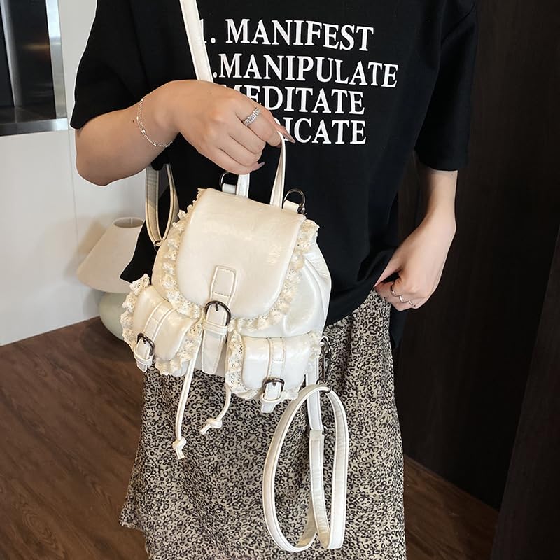 Mini Backpack Purse with Lace Trim, Faux Leather, Drawstring Closure, Fashionable and trendy school-style backpack (White)3