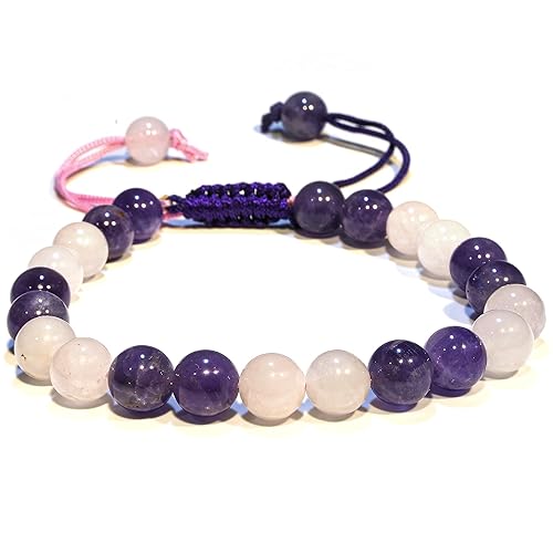 Adjustable Crystal Bracelet  Amethyst And Rose Gemstone Bead Bracelet with Adjustable Macrame String  Chic Gemstone Bracelet for Men and Women  8mm