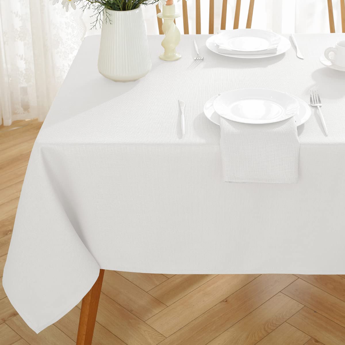 SASTYBALE White Rectangular Tablecloth 60 x 102 Inch, Waterproof Wipe Clean Faux Linen Table Cloth, Machine Washable Polyester Fabric Table Cover for Dining Table, Party and Wedding