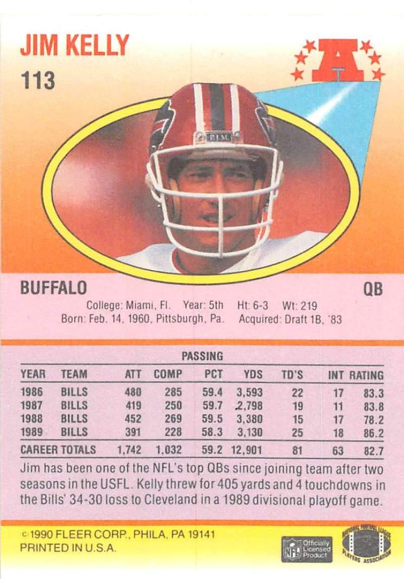 Amazon.com: 1990 Fleer Football #113 Jim Kelly Buffalo Bills