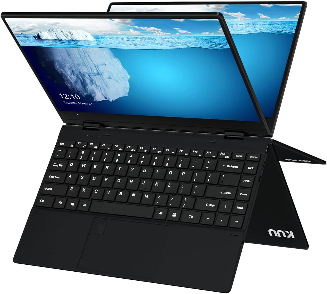KUU FLEXONE 2-in-1 Laptop in laptop mode, showing the keyboard and screen.