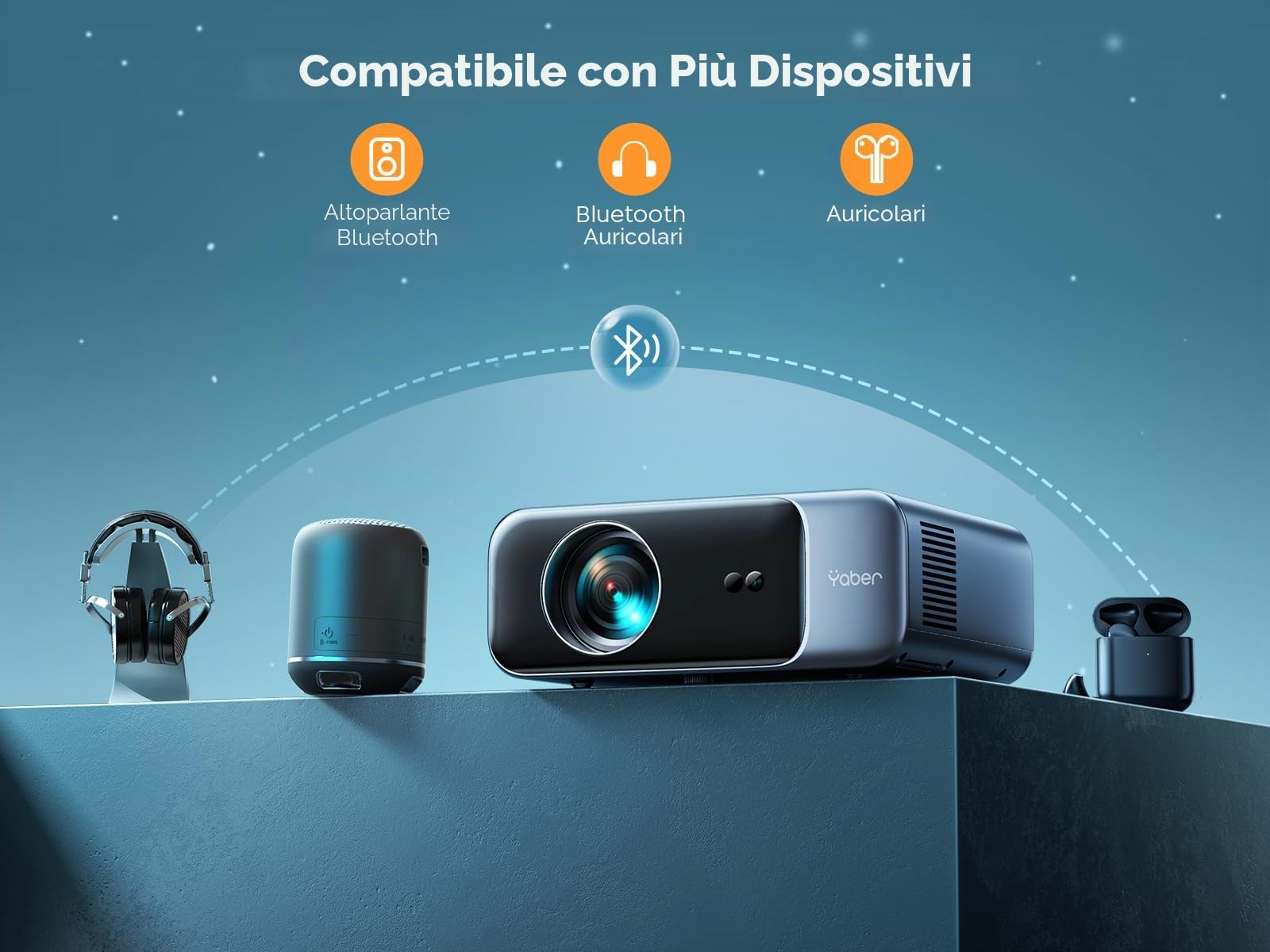 Proiettore YABER Home Cinema, 1080P Full HD compatibile 4K, Autofocus e Correzione Keystone, WiFi 6 Bluetooth Portatile Esterni Schermo 300 Pollici, per Smartphone/Fire TV Stick/PS5