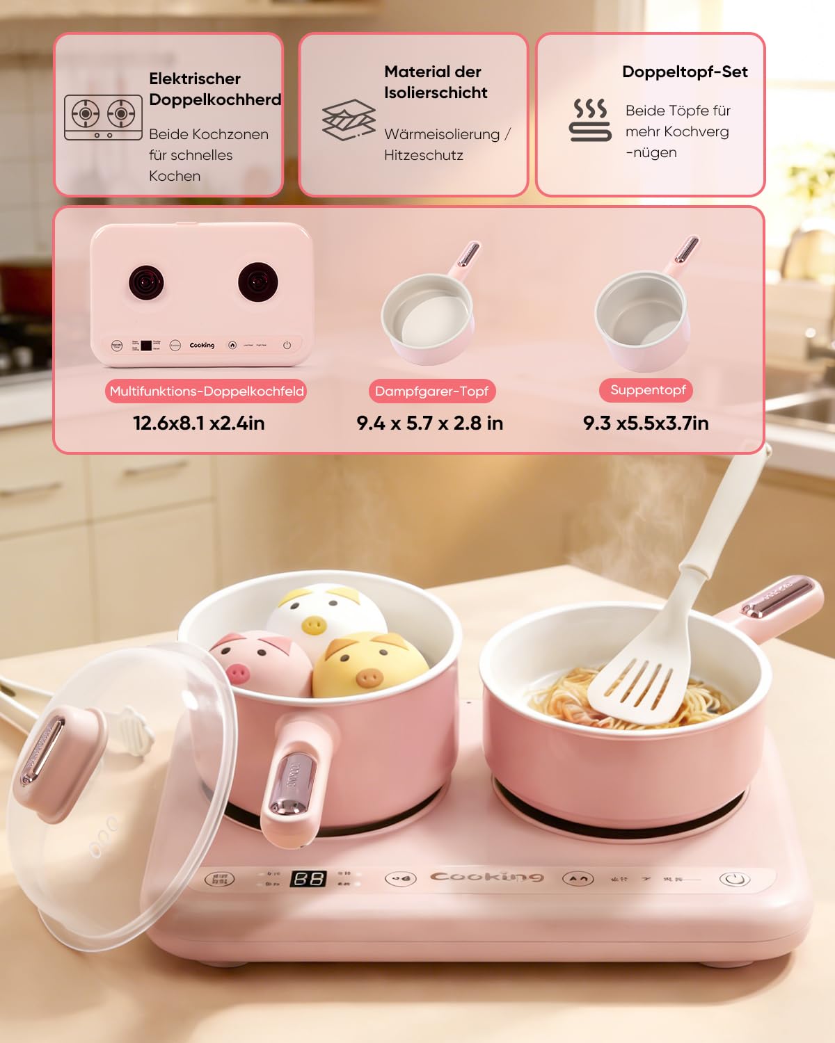 Elektrischer Hot Pot Doppelkochfeld Mini Multicooker – Elektro Kochtopf mit Dampfgarer & Suppentopf, für Hotpot und Suppen, kompakt, leicht zu reinigen (Rosa