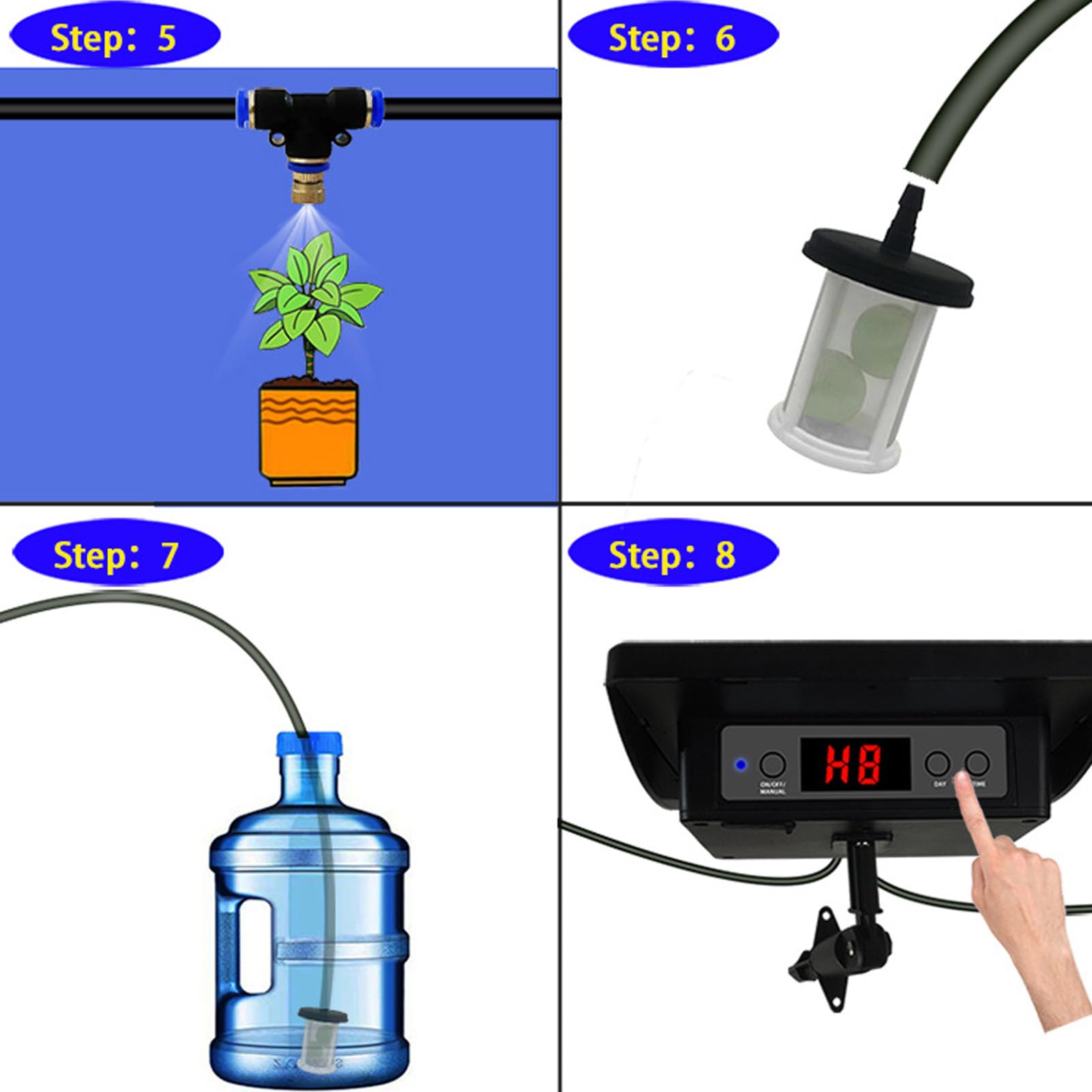 Kit de Riego por Goteo Automático Solar, de Riego Solar para Jardín con 12 Modos de Temporización, Soporta 10 Macetas, Batería de 2000mAh, IP67 a Prueba de Agua, Fácil Instalación DIY