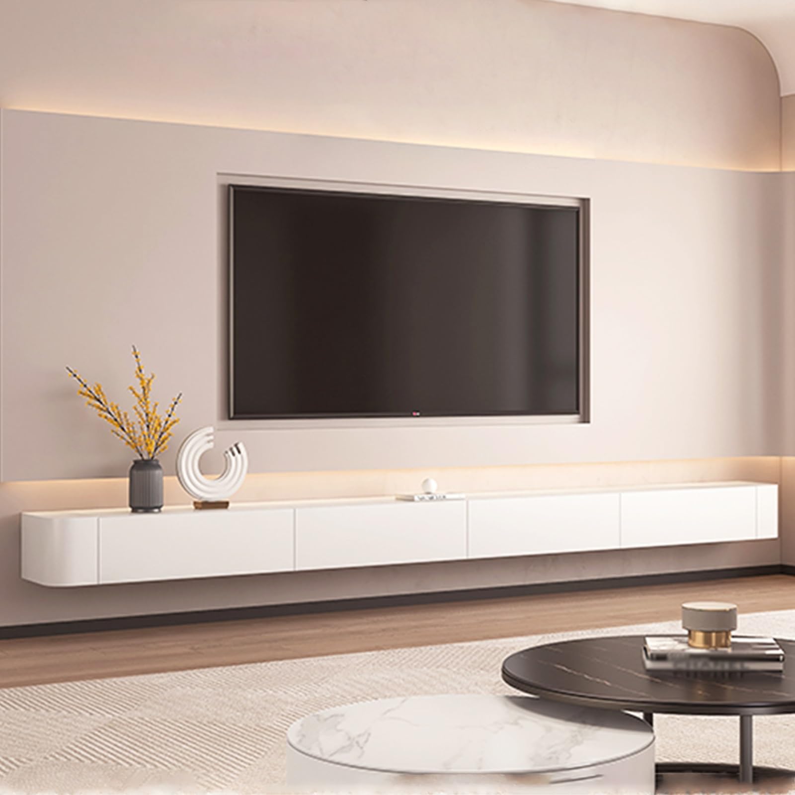 Floating TV Unit, Wall Mounted TV Cabinet, Floating Shelves With 4 Cabinets, Wooden Entertainment Media Console Center Large Storage TV Bench For Living Room & Office(White,200cm)