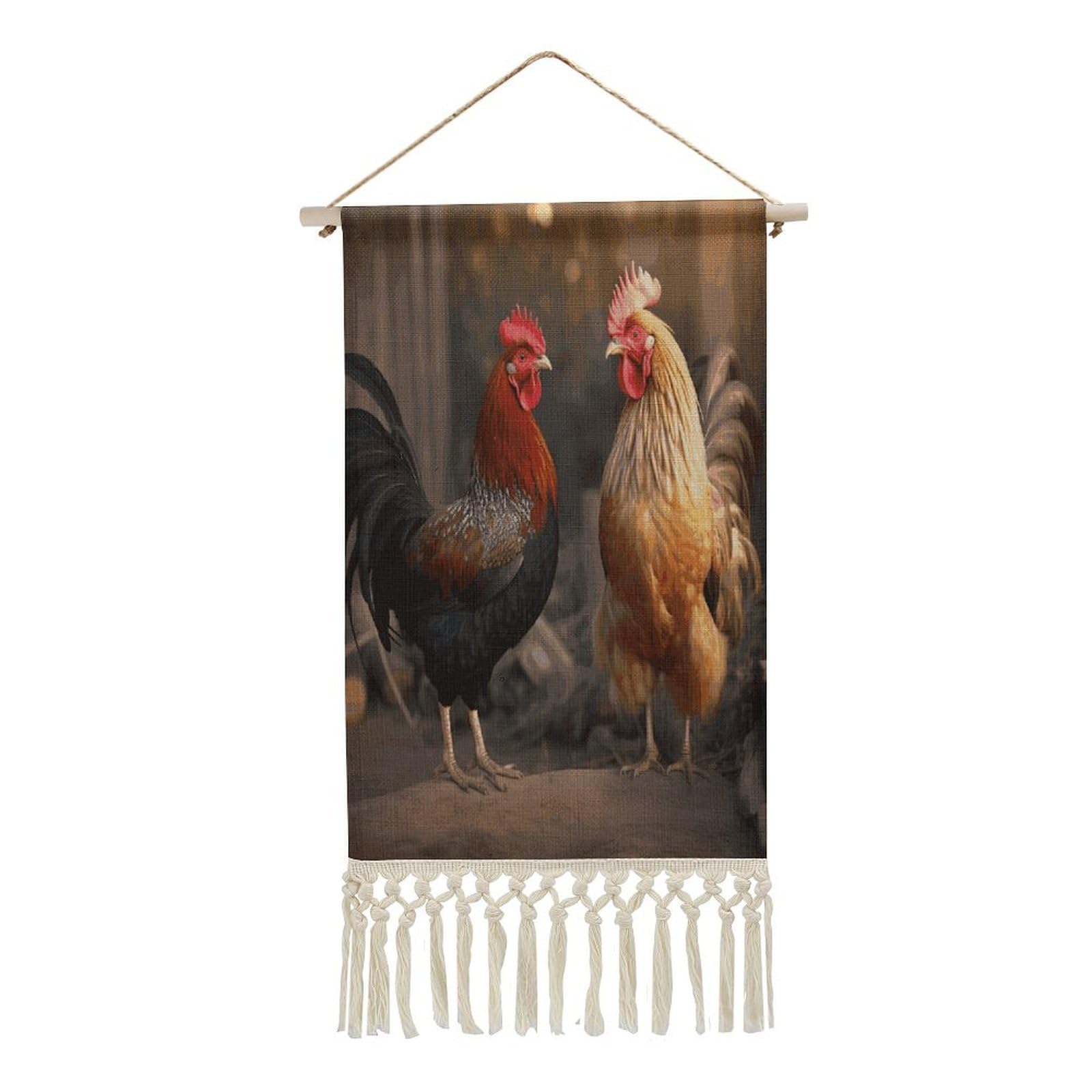 FekiLoot Rooster And Chicken Wall Art Print Decor Art Tapestry with Tassel Cotton Linen Hanging Poster Vintage Aesthetic Wall Art Poster Rustic Wall Art Decor for Home Bedroom Living Room Office