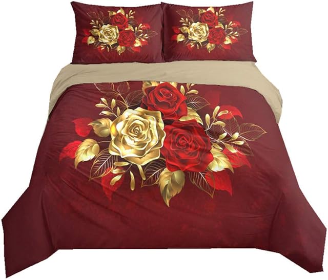 Duvet Cover Set Rose Flower 3D Digital Printing Romantic Floral Bedding Set Girl Woman Black Blue Gold Red Quilt Cover with Pillowcase, Microfiber (Red, Double)