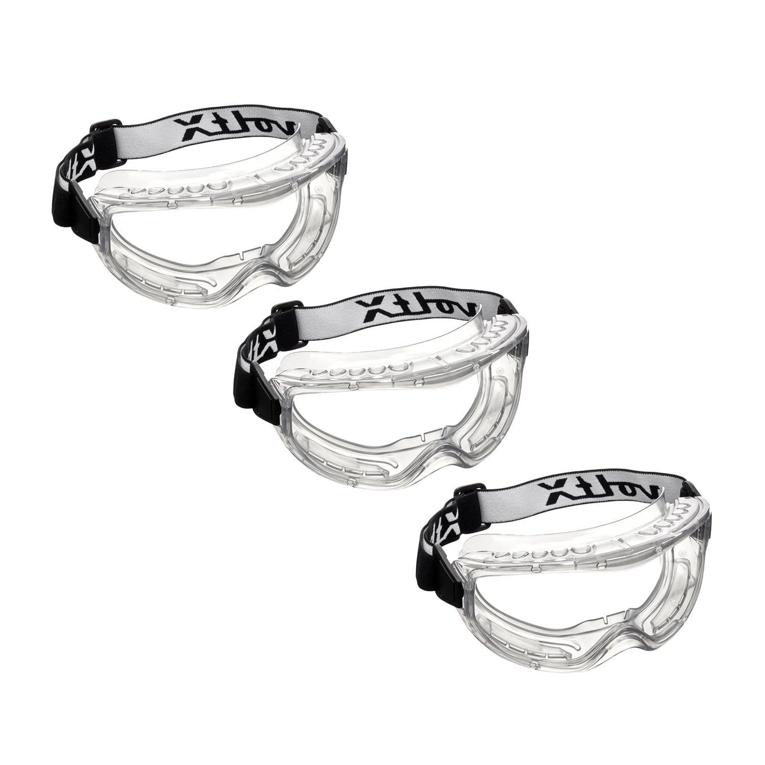 voltX 3 x DEFENDER CLASSIC indirect ventilated Safety Goggles, CLEAR lens with snug fitting seal and buckle adjustable headband, CE EN166BT, EN170 Anti fog & Anti Scratch coated UV400 lens.