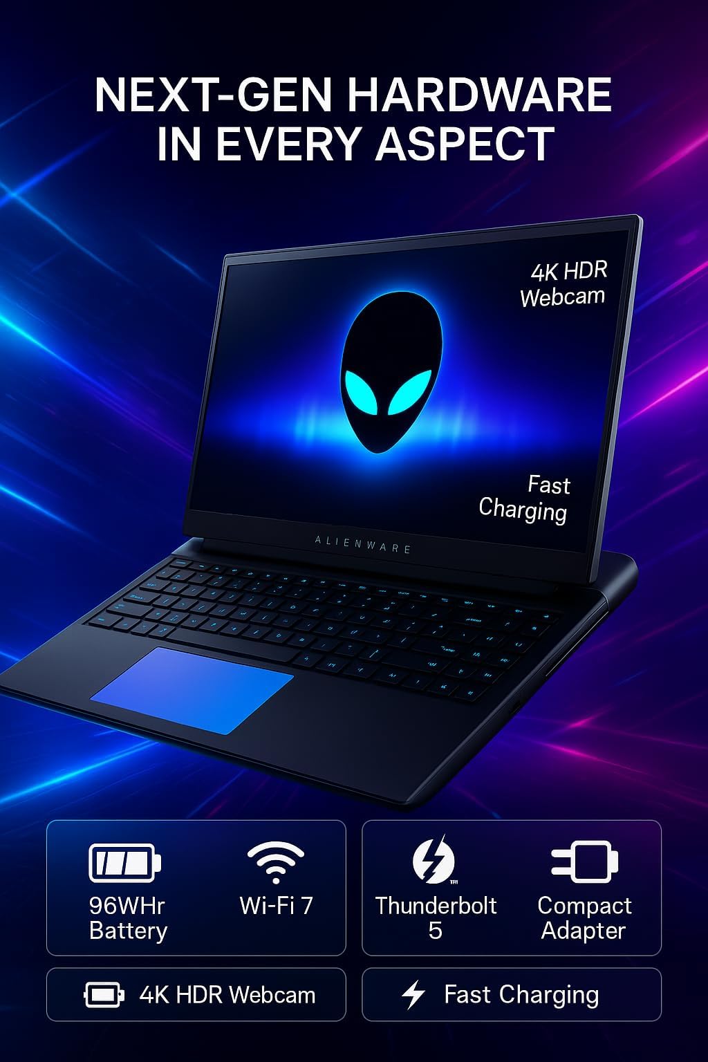 Alienware 18-inch Area-51 Gaming Laptop - GeForce RTX 5080 16GB GDDR7 18" QHD+ 300Hz Intel Ultra 9 275HX AlienFX RGB Lighting Wi-Fi 7 Ai NPU Quad Fan Cooling, Win 11PRO(32GB DDR5, 2TB SSD)