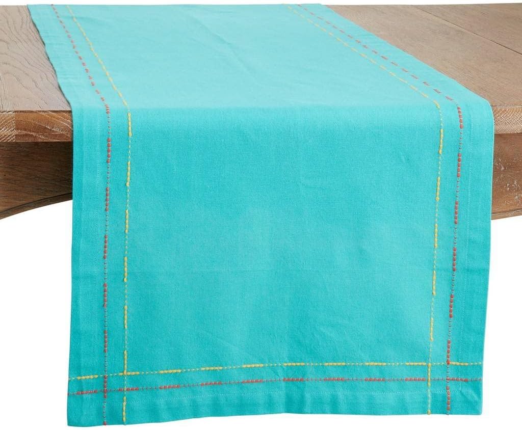 Fennco Styles Dobby Border Woven Cotton Table Runner 18" W x 72" L - Turquoise Table Cover for Dining Table Décor, Family Gathering, Banquets, and Special Events