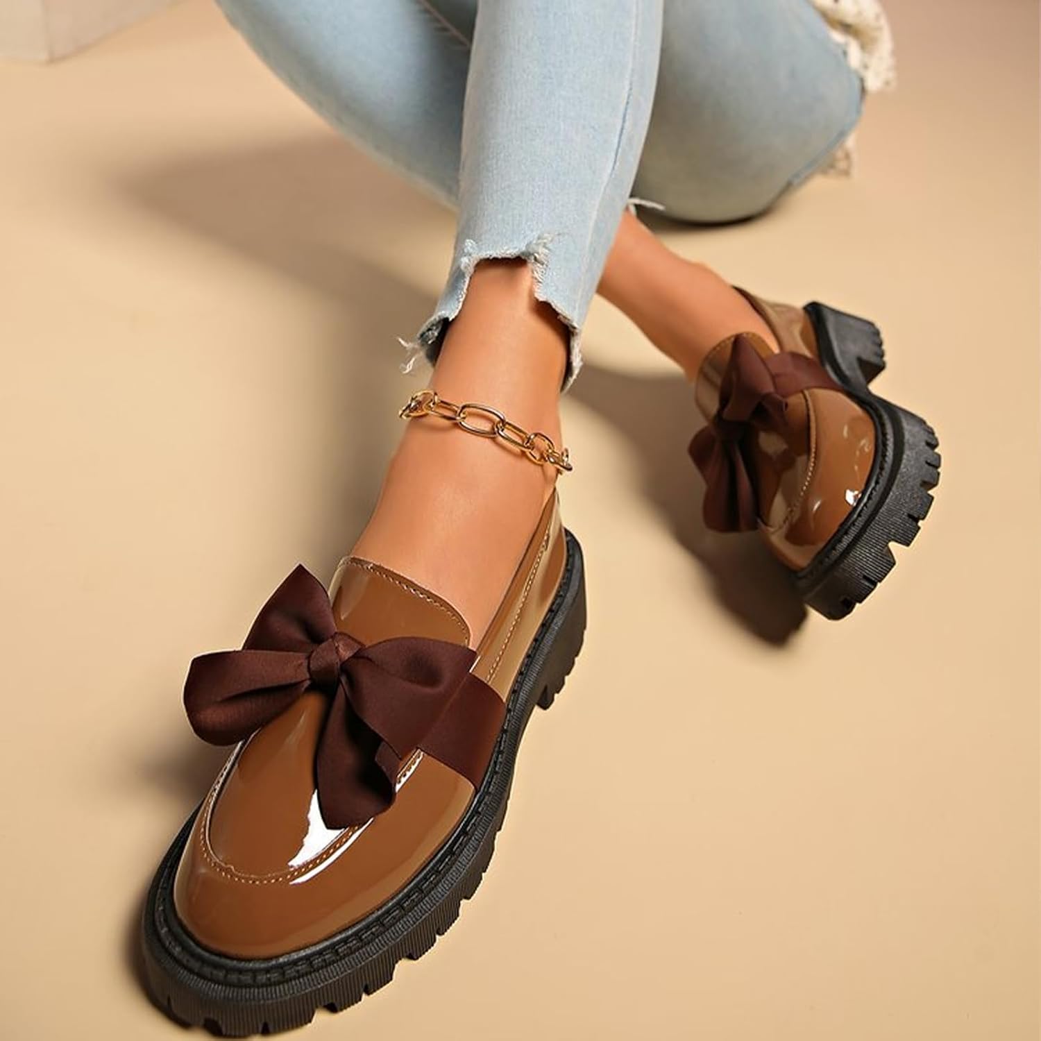 Women Patent Leather Slip On Thick Bottom Bow-Knot Loafers Comfortable Round Toe Low Square Heel Casual Shoes for Everyday Birthday Party Dress Shoes